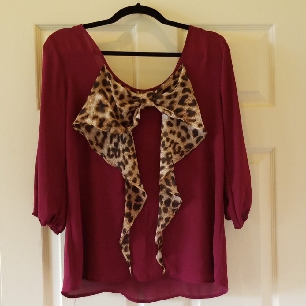 Maroon and leopard print bow blouse